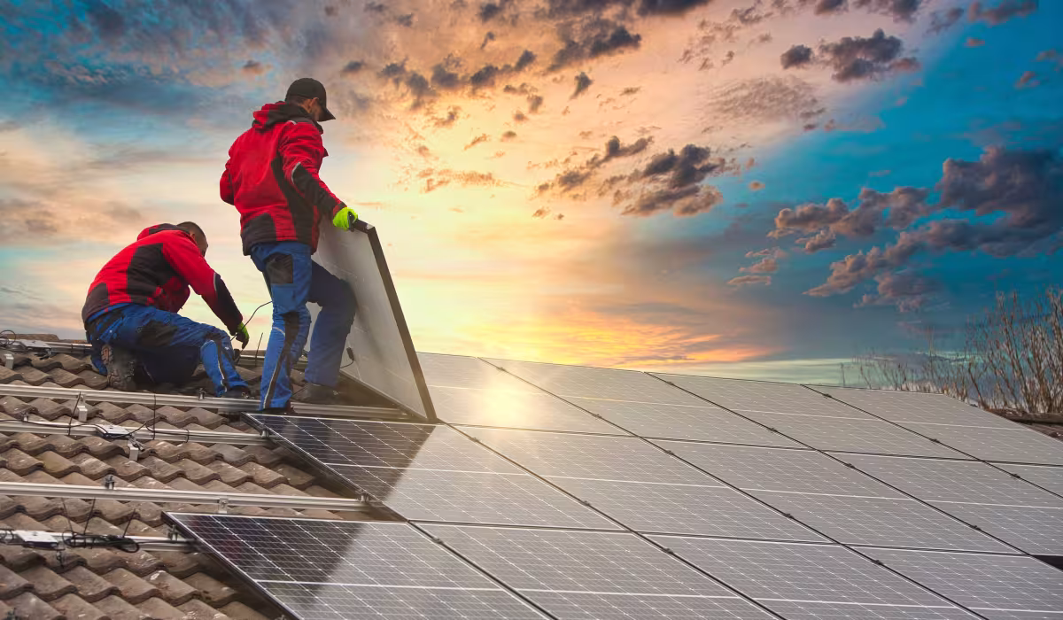 Tecnici al lavoro sul tetto di una casa durante l’installazione di pannelli fotovoltaici al tramonto