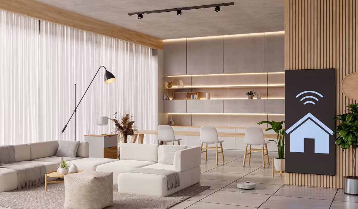 Soggiorno moderno con arredi minimal in tonalità neutre e pannello con icona smart home e Wi-Fi su parete in legno