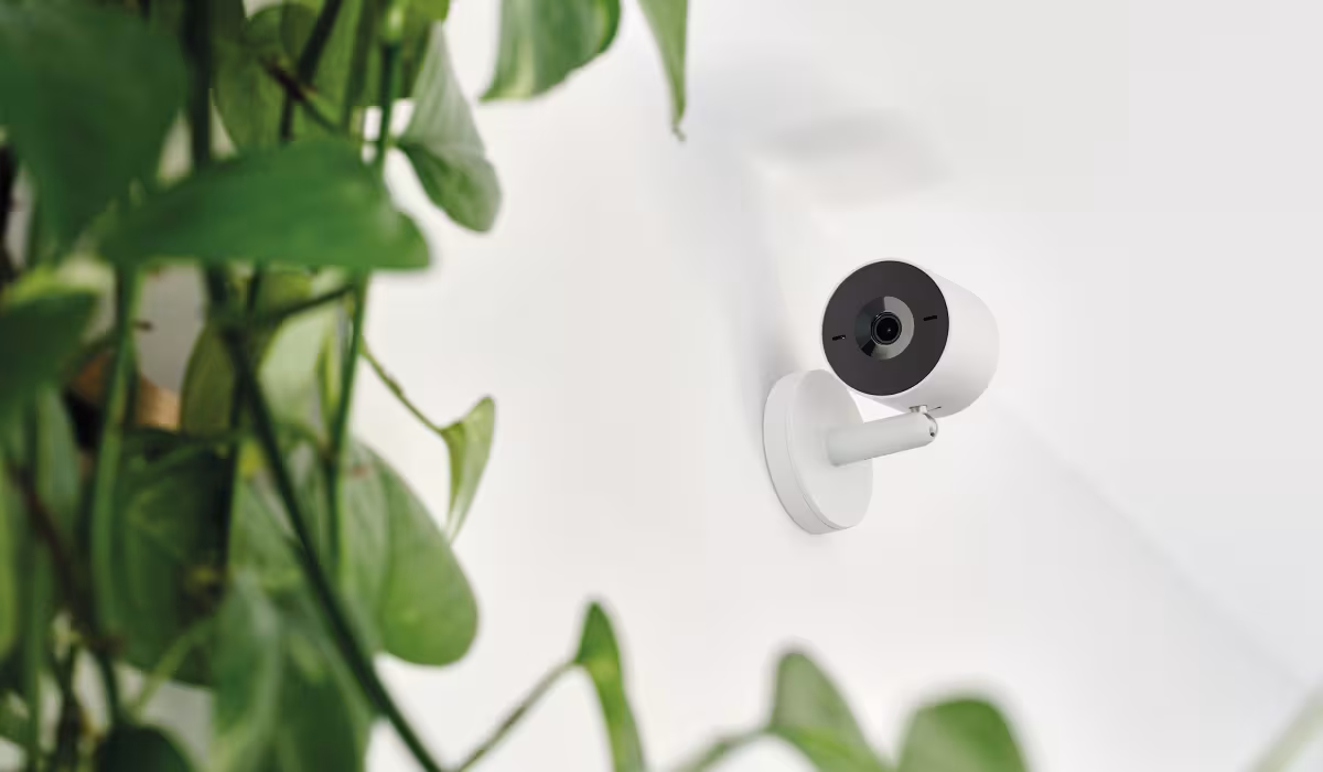 Telecamera Indoor Advance bianca di BTicino installata a parete in un ambiente interno con piante