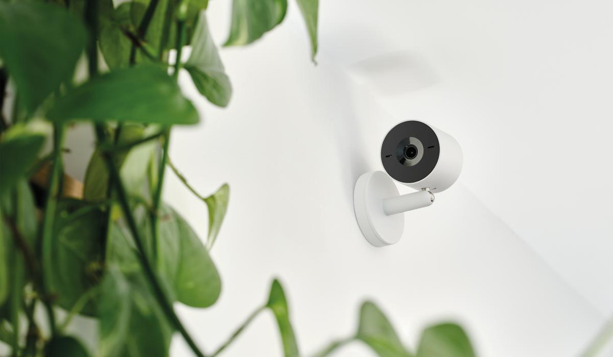 Telecamera Indoor Advance bianca di BTicino installata a parete in un ambiente interno con piante