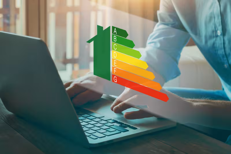 Uomo al computer con visualizzata l'immagine della scala di classificazione dell'efficienza energetica
