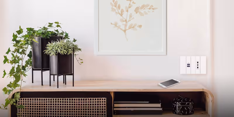 Presa Living NOW BTicino con porta USB-C integrata, installata a parete sopra un mobile con piante e smartphone