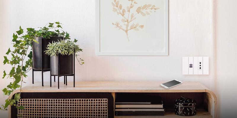 Presa Living NOW BTicino con porta USB-C integrata, installata a parete sopra un mobile con piante e smartphone