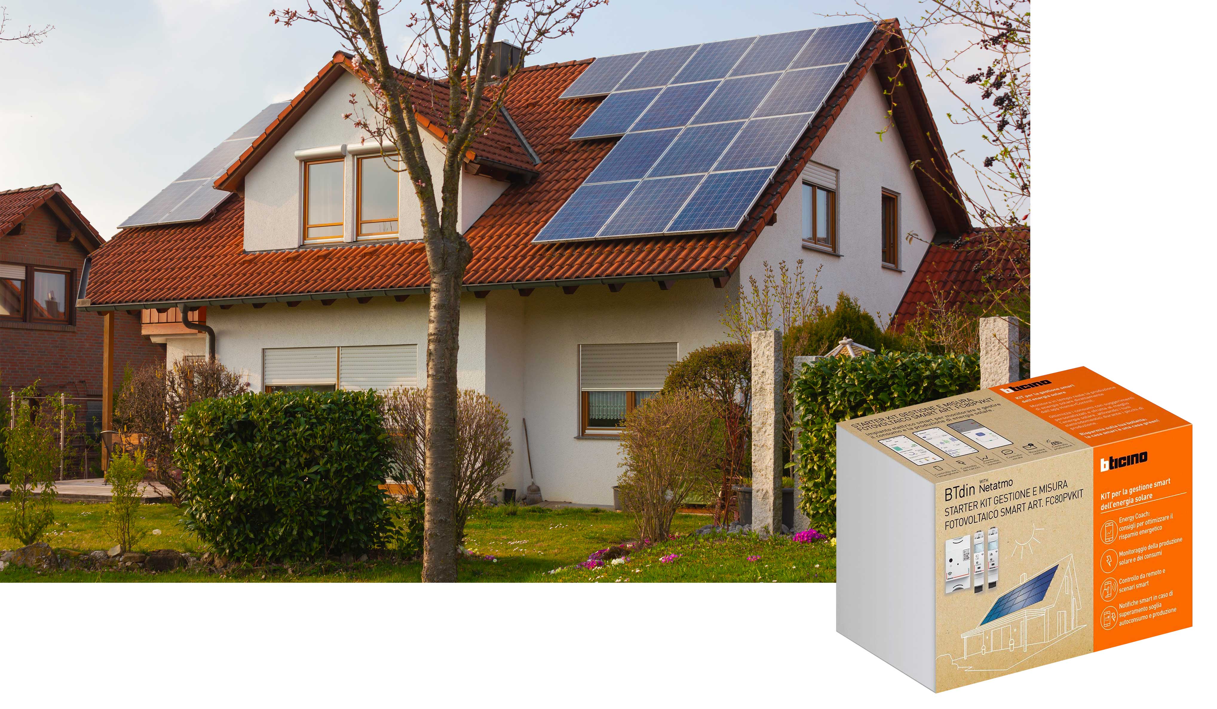 Abitazione con scatola starter kit Bticino Abitazione con dettaglio dello starter kit Bticino per la gestione e il monitoraggio dei consumi dell’impianto fotovoltaico