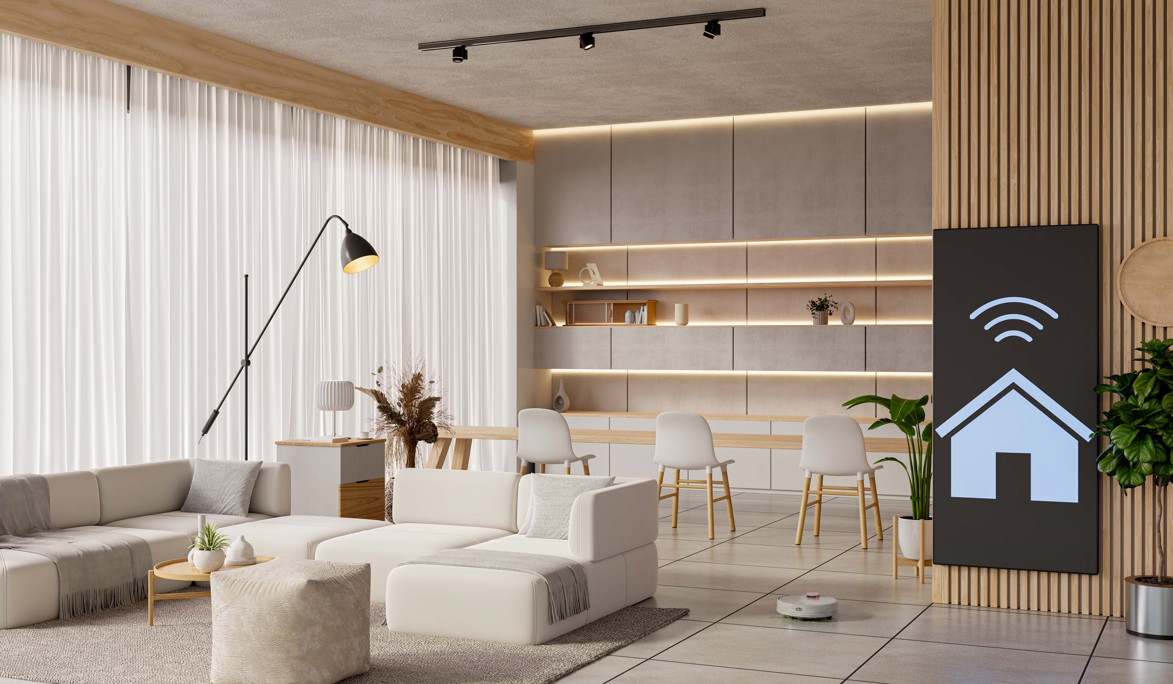 Soggiorno moderno con arredi minimal in tonalità neutre e pannello con icona smart home e Wi-Fi su parete in legno