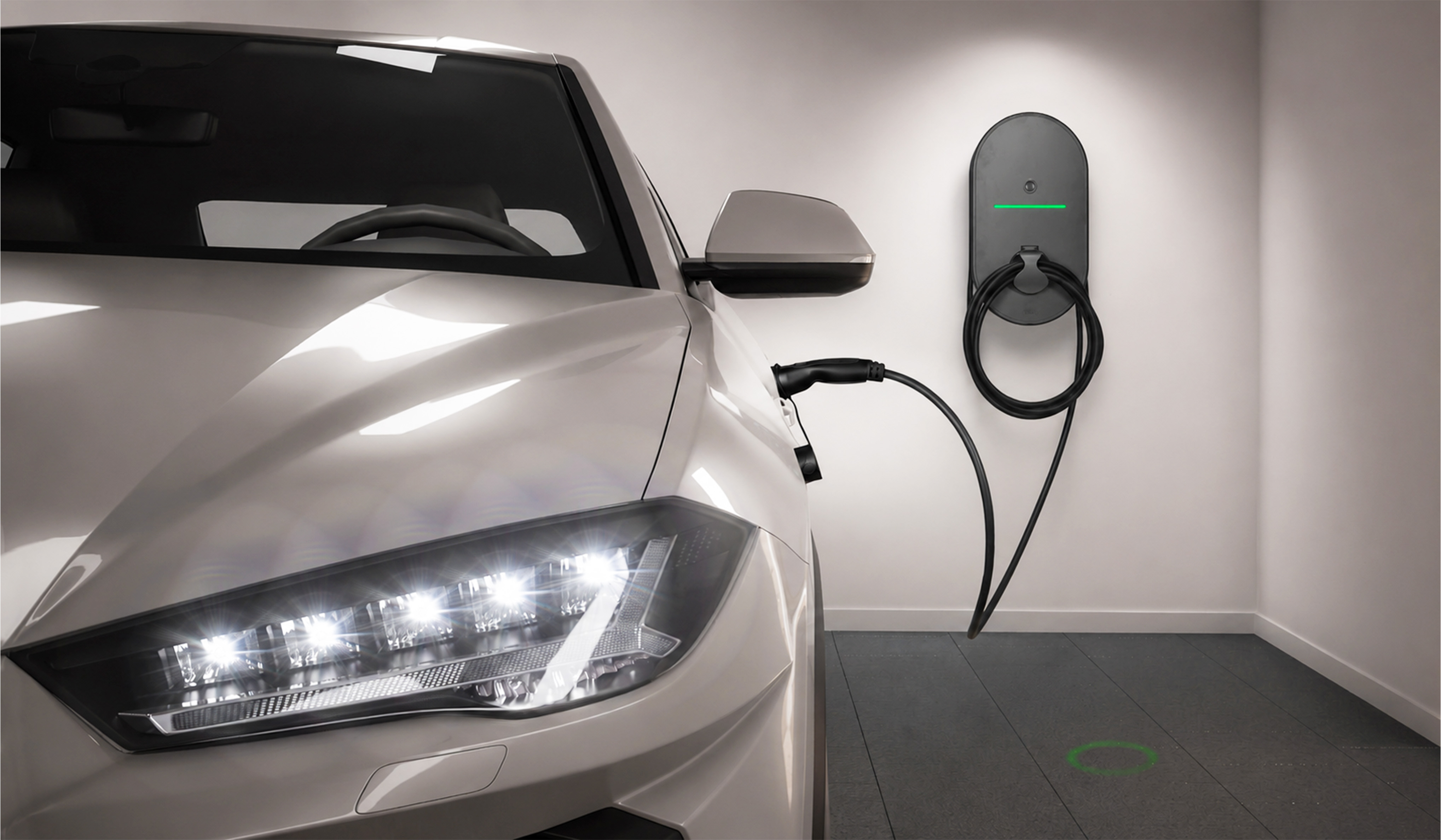 Green'up Home BTicino a parete in garage, con LED verde, mentre ricarica un'auto elettrica